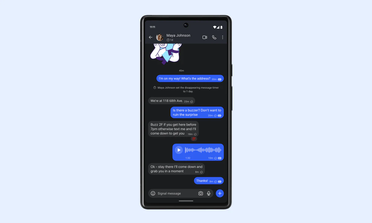 Signal 官方 Android 聊天界面示例;安全号码需另行核对